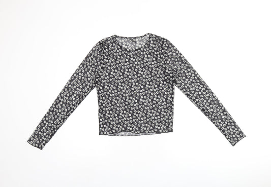 ASOS Womens Black Floral Polyester Basic T-Shirt Size 10 Round Neck - Daisy Print Sheer