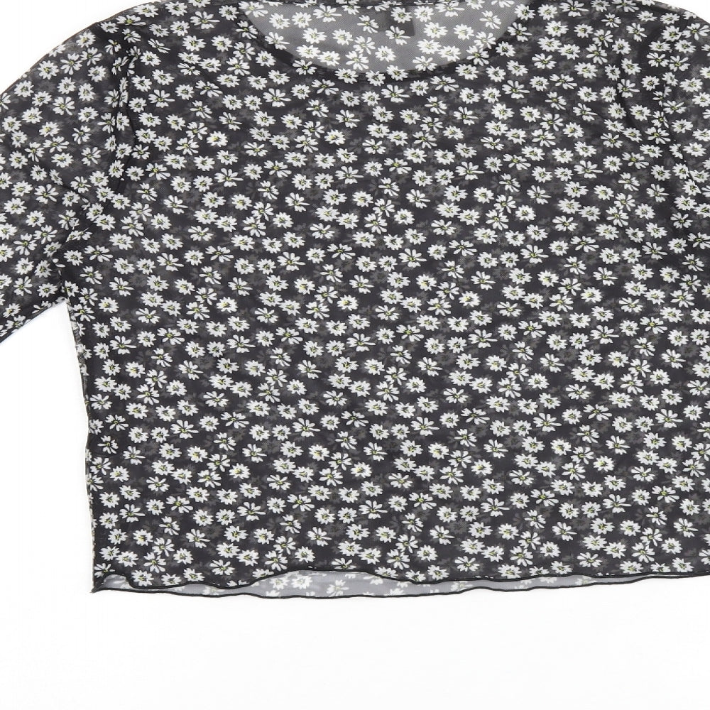 Brand and care label for ASOS women’s black floral polyester basic t-shirt, size UK 10, round neck - daisy print sheer