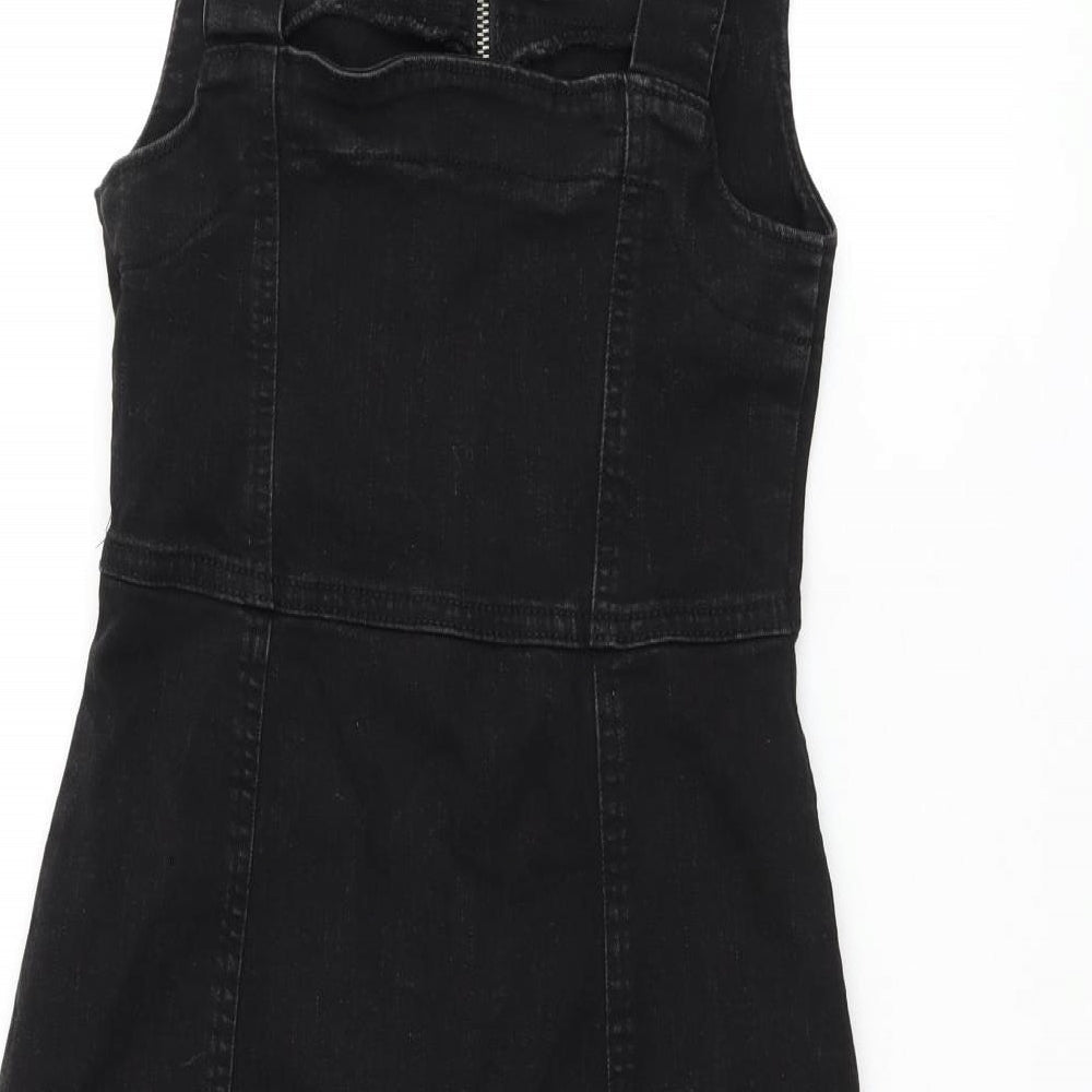 Denim & Co. Womens Black Cotton Pinafore/Dungaree Dress Size 6 Square Neck Zip - Pinafore