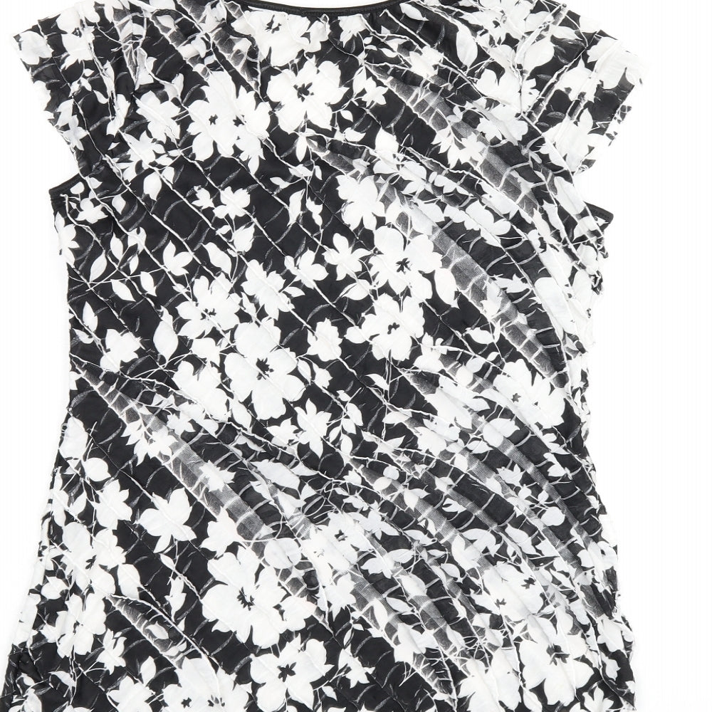 Brand and care label for Roman women’s black floral polyester basic t-shirt, size UK 12, scoop neck