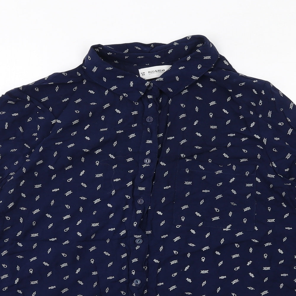 Pull&Bear Womens Blue Geometric Cotton Basic Button-Up Size M Collared