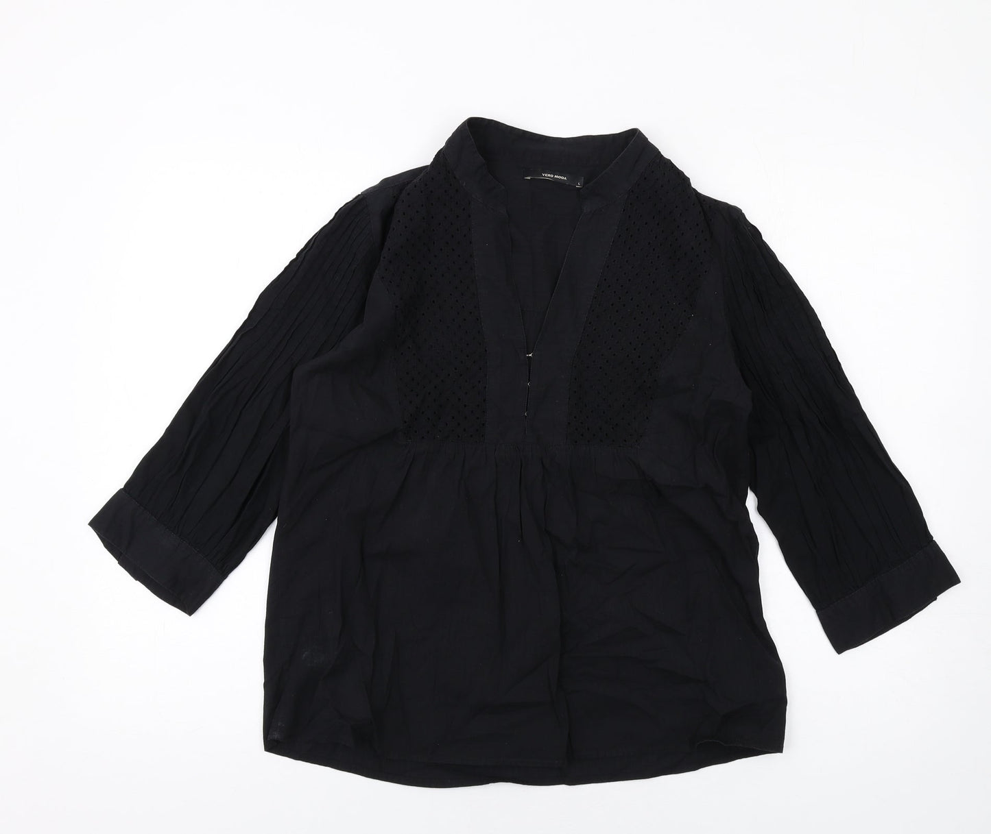VERO MODA Womens Black Cotton Basic Blouse Size L V-Neck