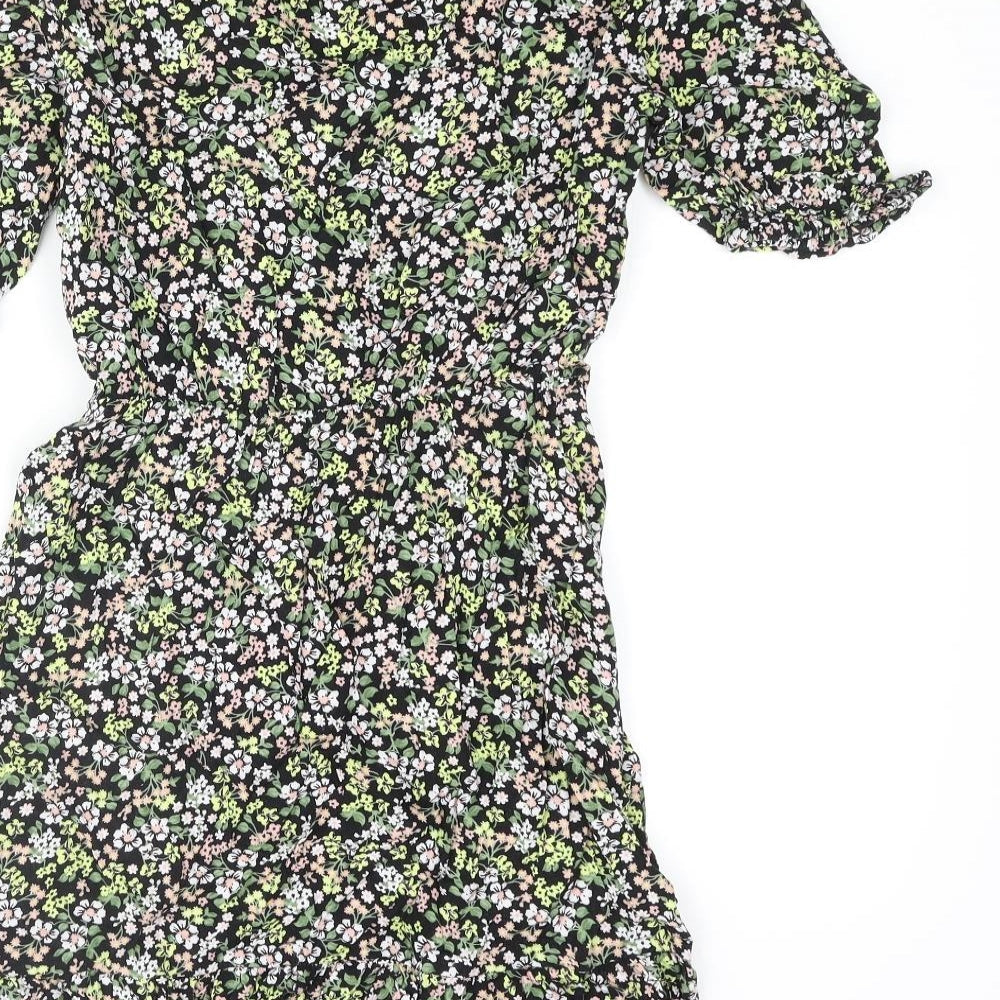 Brand and care label for Miss Selfridge women’s multicoloured floral viscose mini, size UK 8, v-neck pullover - frill