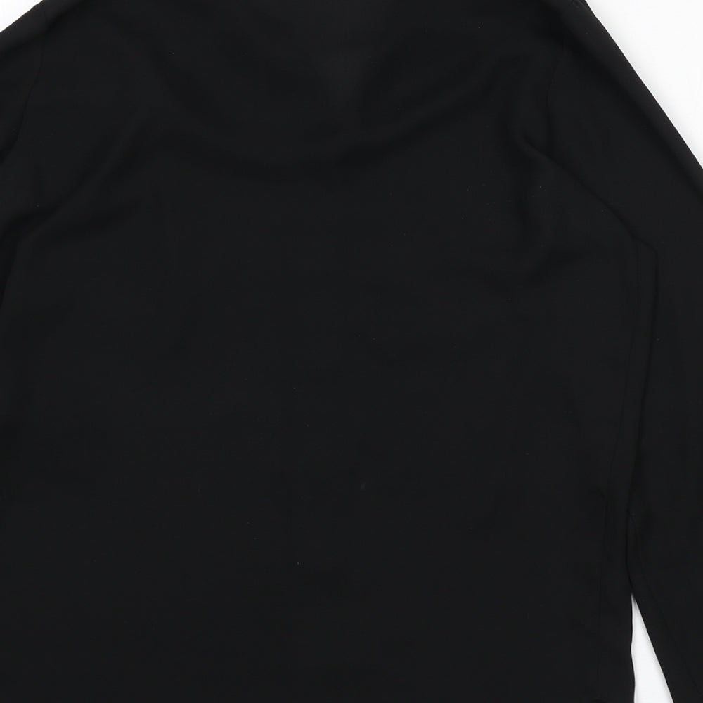 Brand and care label for ASOS women’s black polyester basic button-up, size UK 8, collared
