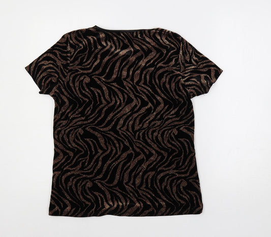 Anna Rose Womens Black Animal Print Polyester Basic Blouse Size M Round Neck - Glitter