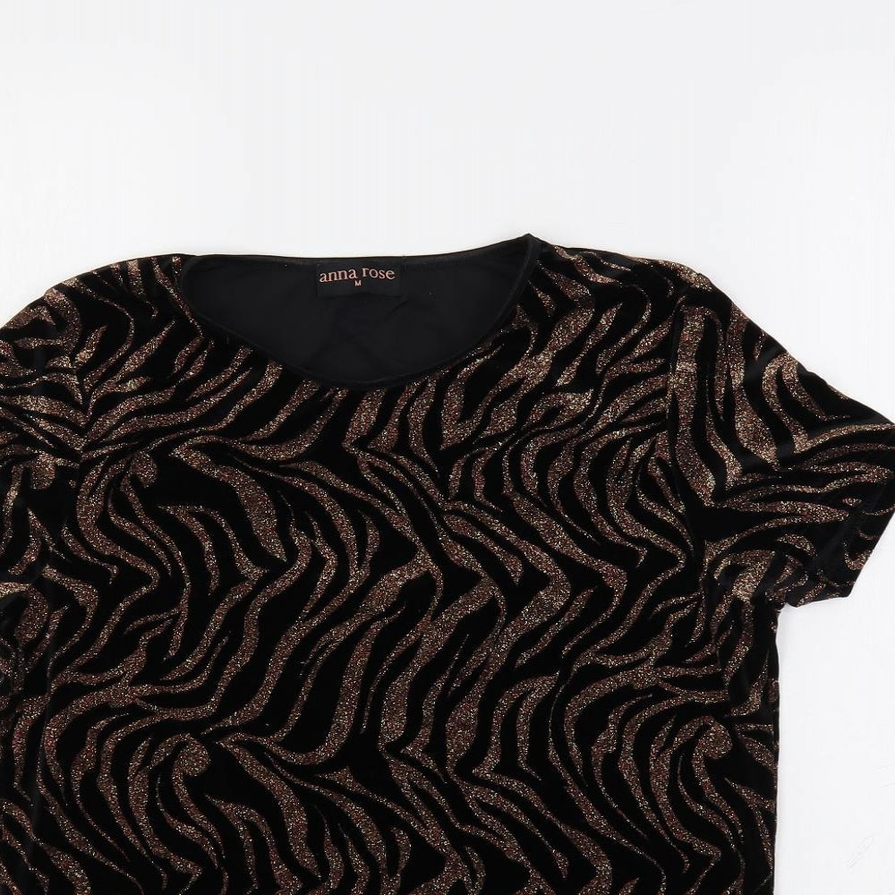 Anna Rose Womens Black Animal Print Polyester Basic Blouse Size M Round Neck - Glitter