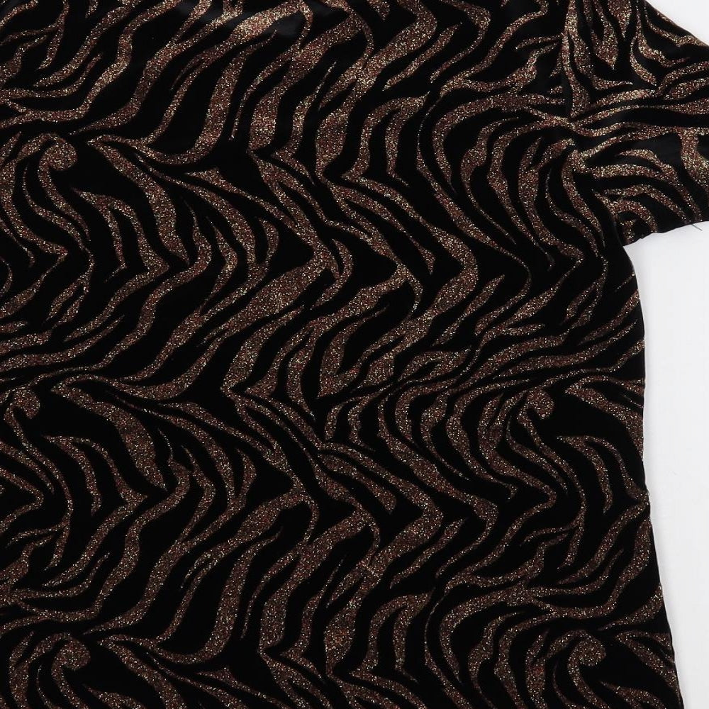 Anna Rose Womens Black Animal Print Polyester Basic Blouse Size M Round Neck - Glitter