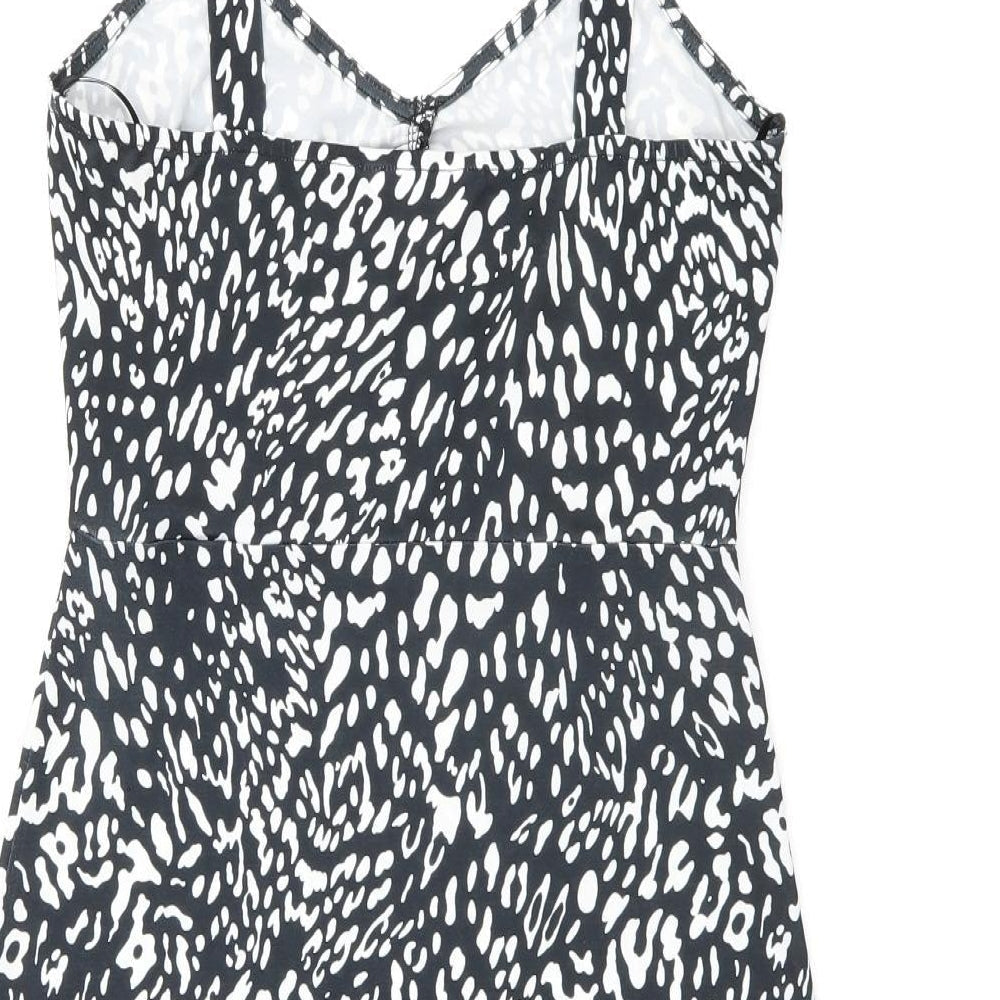 Brand and care label for Miss Selfridge women’s black geometric polyester mini, size UK 8, v-neck pullover - ruffles