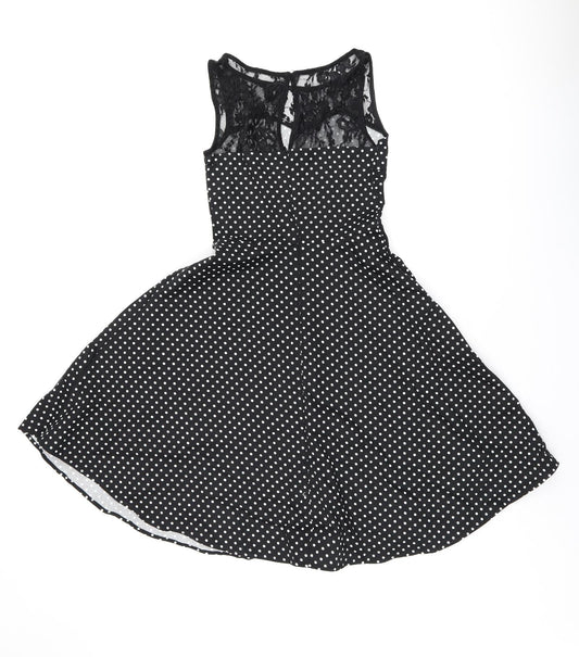 Bbonlinedress Womens Black Polka Dot Cotton Skater Dress Size XS Boat Neck Zip - Lace Neckline Detail