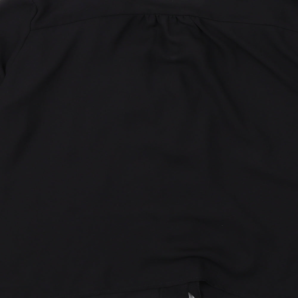 Brand and care label for ASOS women’s black polyester basic button-up, size UK 10, v-neck