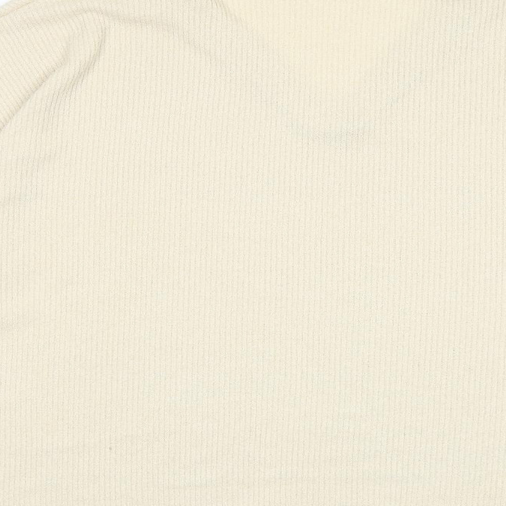 Brand and care label for ASOS women’s beige v-neck herringbone polyester jumper, size UK 12