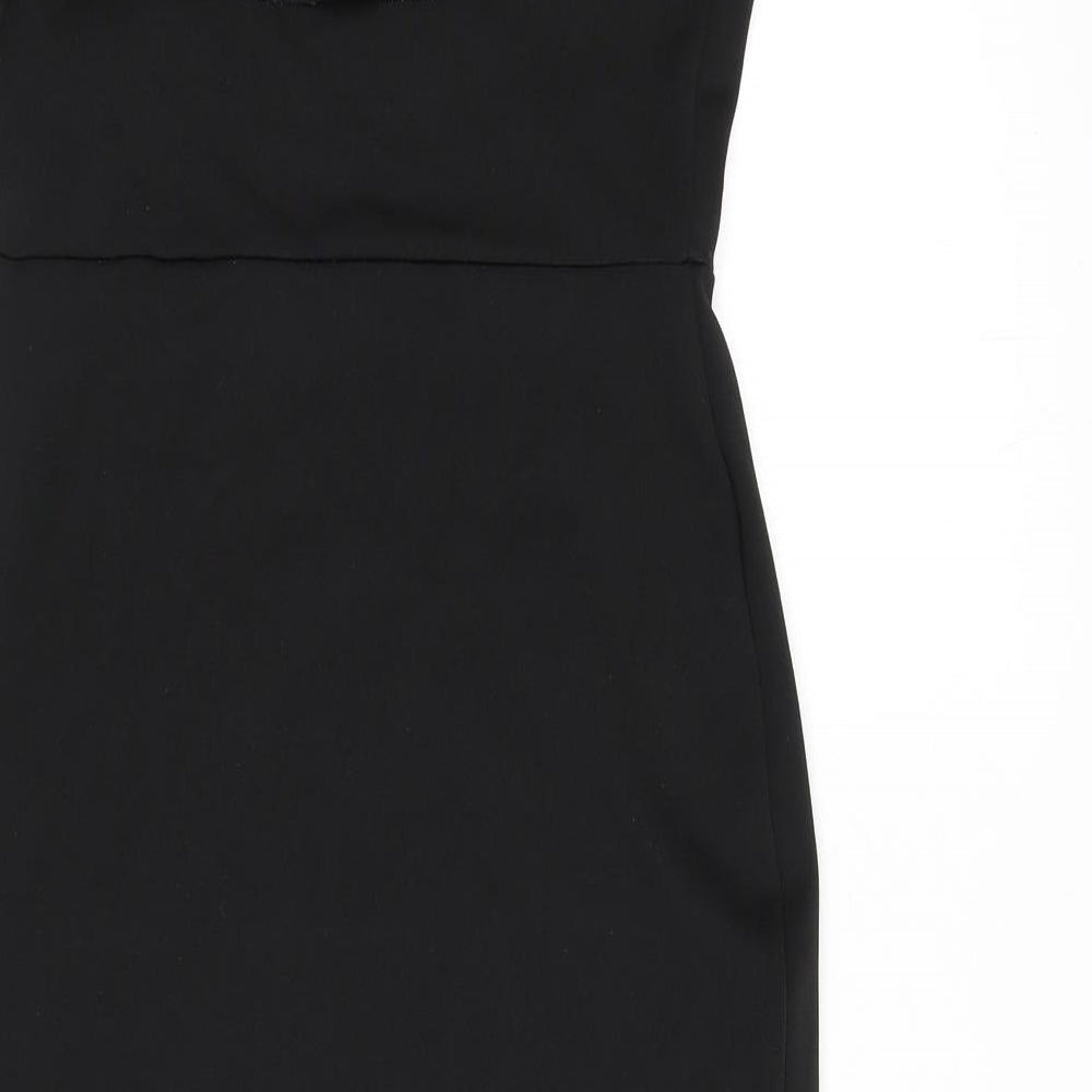 Brand and care label for Missguided women’s black polyester bodycon, size UK 10, off the shoulder pullover - ruffle detail