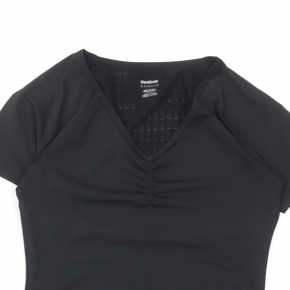 Reebok Womens Black Polyester Basic T-Shirt Size S V-Neck Pullover
