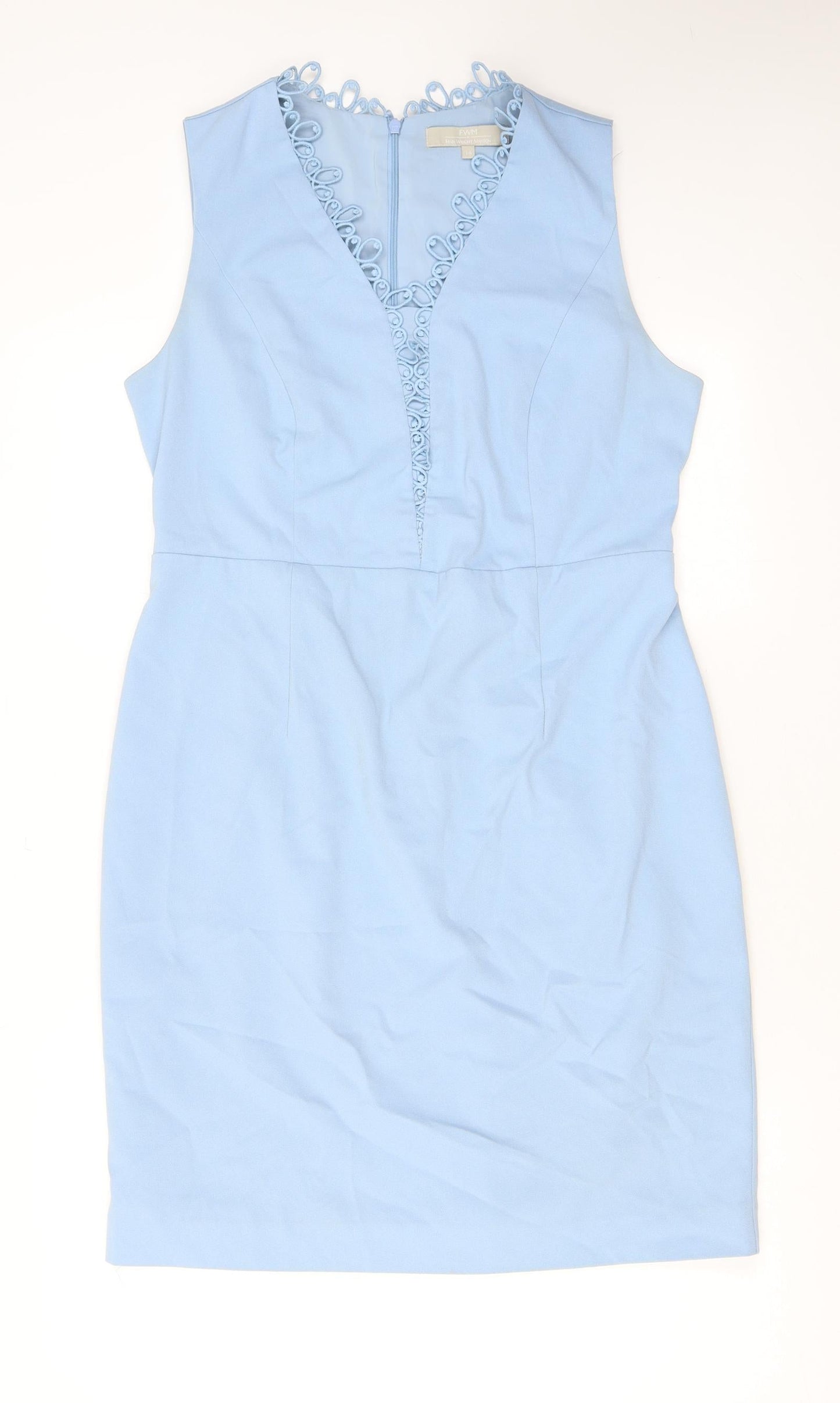 Fenn Wright Manson Womens Blue Polyester Pencil Dress Size 14 V-Neck Zip - Crochet Detail