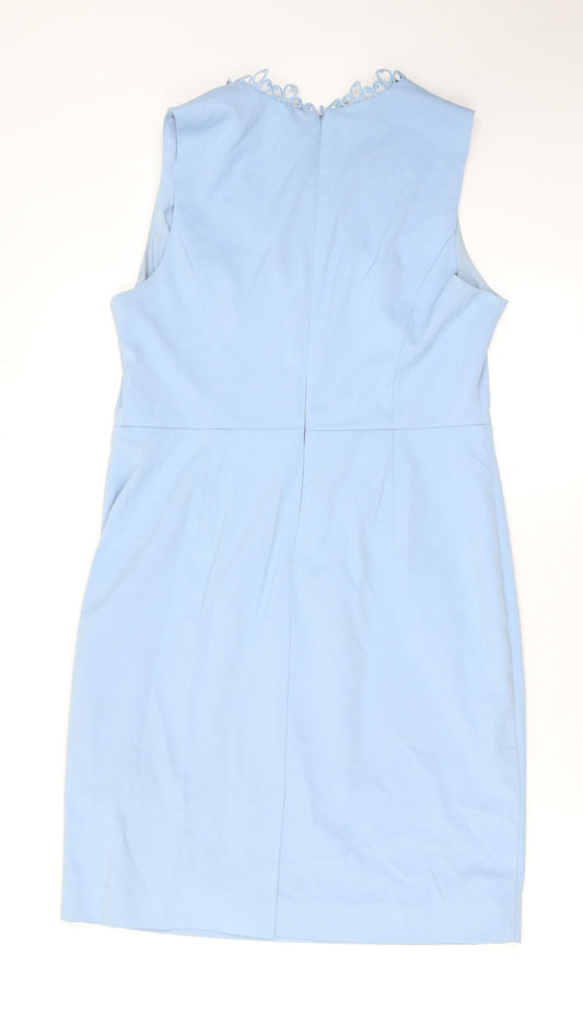 Fenn Wright Manson Womens Blue Polyester Pencil Dress Size 14 V-Neck Zip - Crochet Detail