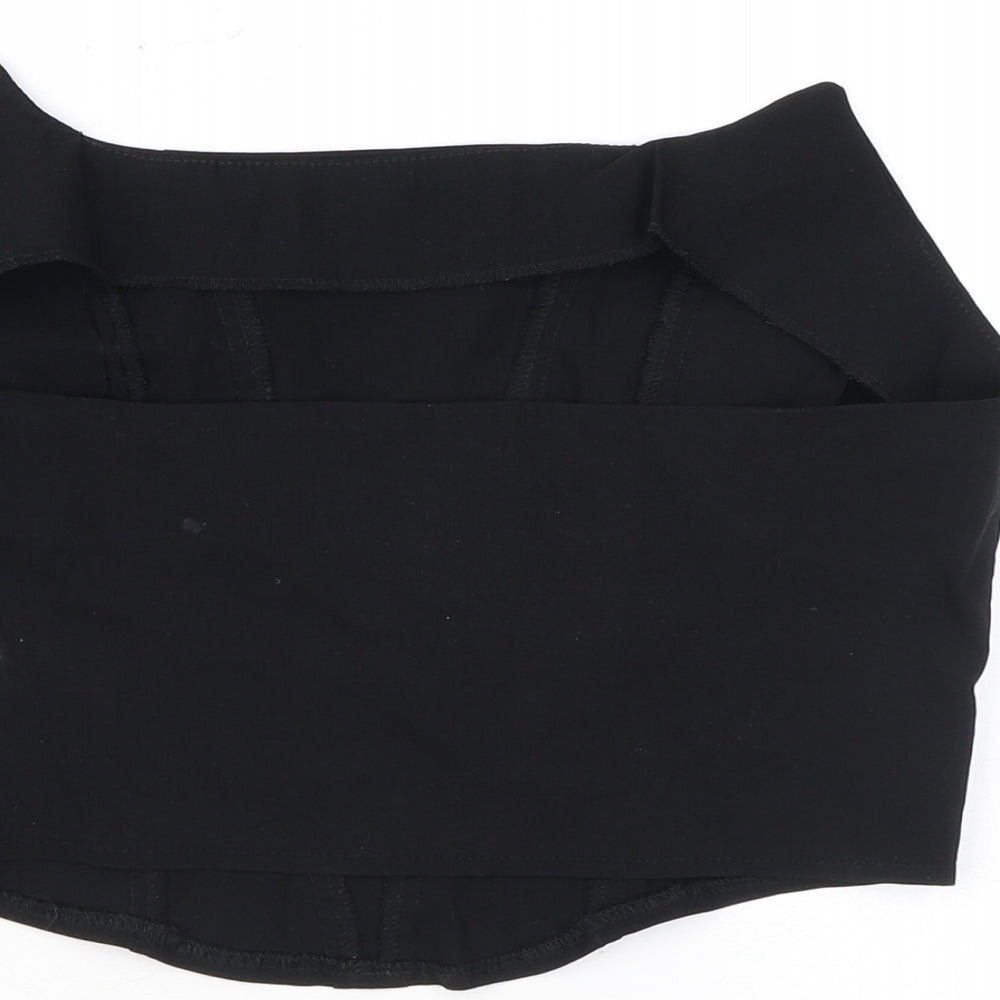 Brand and care label for ASOS women’s black viscose cropped blouse, size UK 12, off the shoulder - open back
