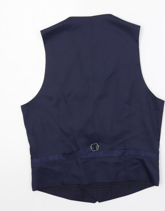Marks and Spencer Mens Blue Plaid Polyester Jacket Suit Waistcoat Size 36 Regular