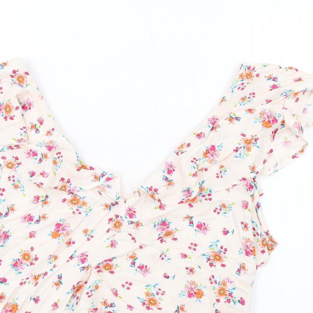 Nobody's Child Womens Pink Floral Viscose Basic Blouse Size 14 V-Neck