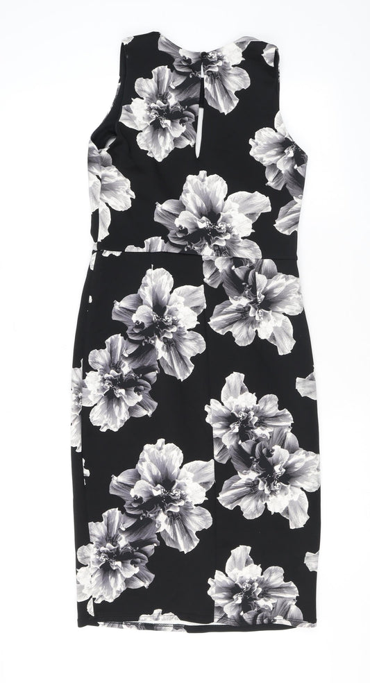 K&D London Womens Black Floral Polyester Pencil Dress Size 10 Round Neck Button