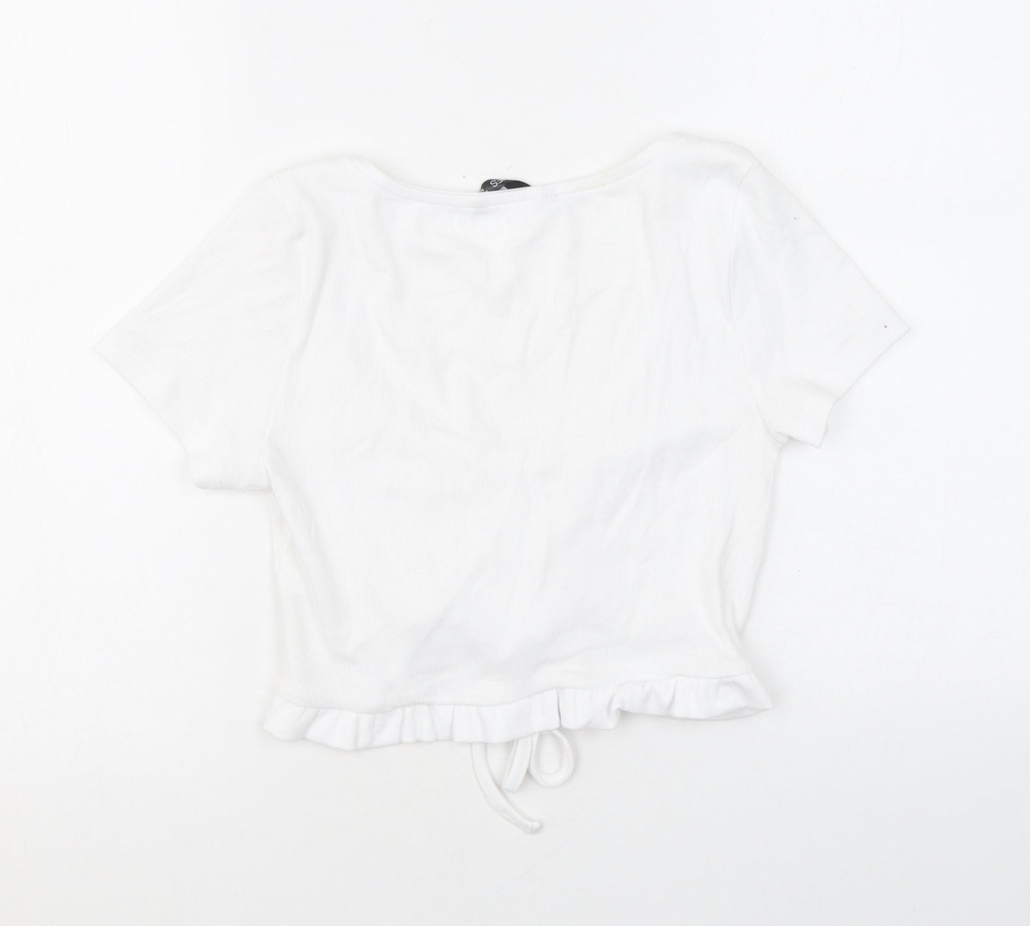 Dunnes Stores Womens White Cotton Cropped T-Shirt Size M V-Neck - Ruched