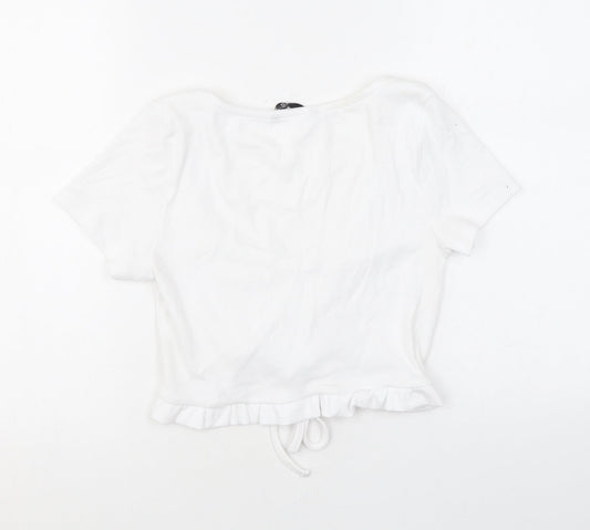 Dunnes Stores Womens White Cotton Cropped T-Shirt Size M V-Neck - Ruched