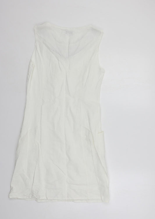 d.e.c.k. By Decollage Womens White Linen Shift Size 10 Boat Neck Pullover - Embellished Neckline