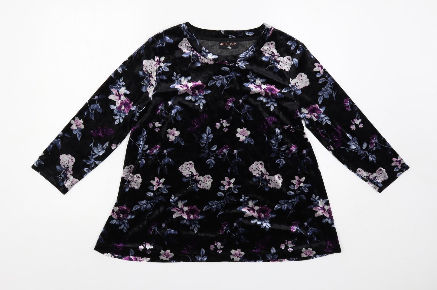 Anna Rose Womens Black Floral Polyester Basic Blouse Size S Round Neck