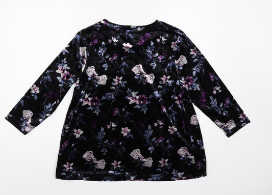Anna Rose Womens Black Floral Polyester Basic Blouse Size S Round Neck