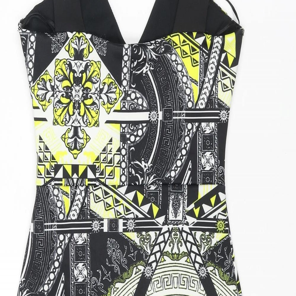 Brand and care label for Miss Selfridge women’s black geometric polyester bodycon, scoop neck pullover - wrap style