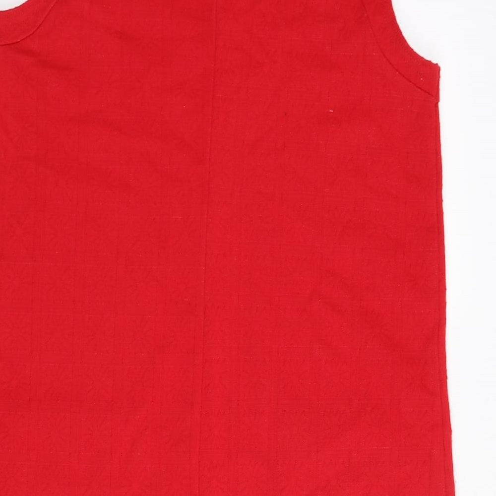 Brand and care label for Cooperative women’s red acrylic shift, size S, round neck pullover - textured
