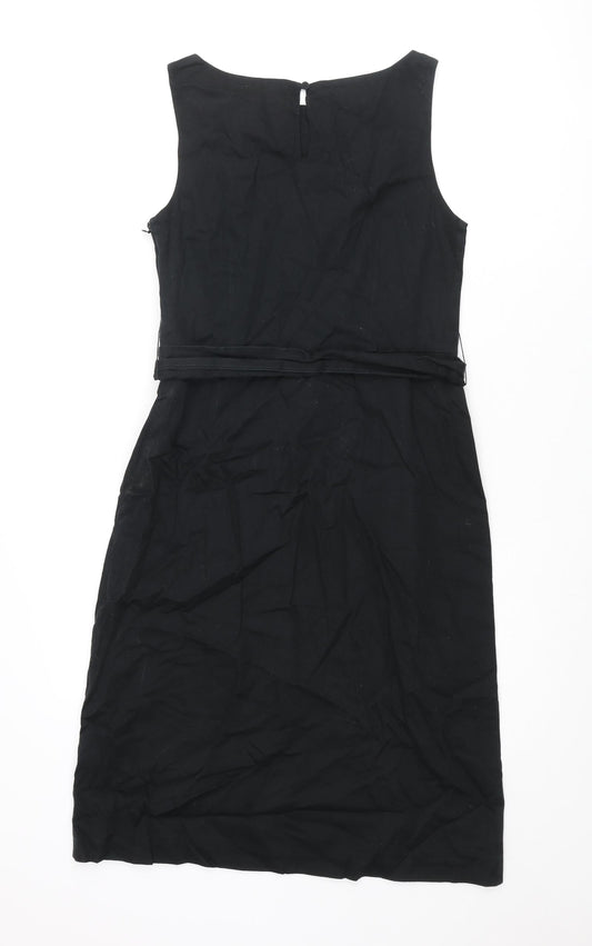 Monsoon Womens Black Cotton Pencil Dress Size 10 Round Neck Zip - Floral Embroidery Belted