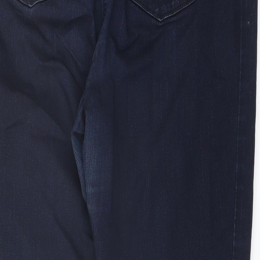Brand and care label for Autograph women’s blue cotton mom jeans, size UK 34, in, 25-inch leg regular button