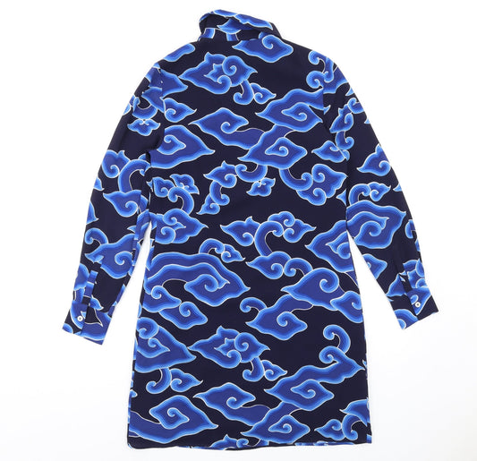 marksand Womens Blue Geometric Polyester Shirt Dress Size 8 Collared Button