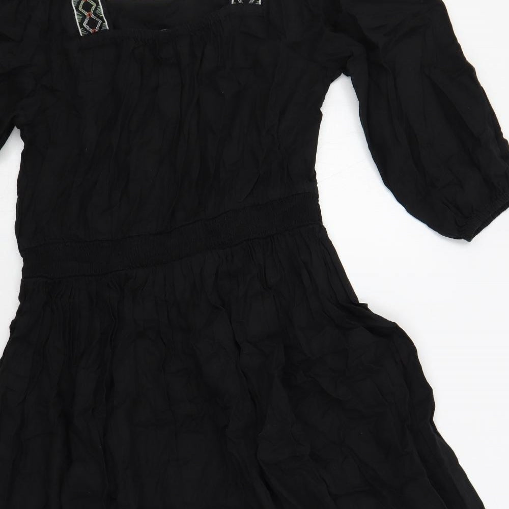 Marks and Spencer Womens Black Linen A-Line Size 10 Square Neck Pullover - Embroidered