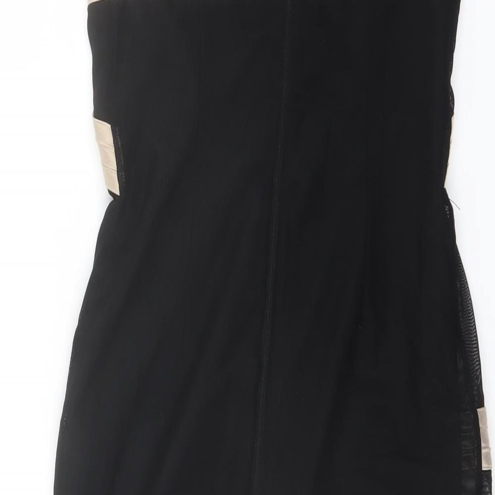 Brand and care label for ASOS women’s black polyester mini, size UK 6, off the shoulder zip