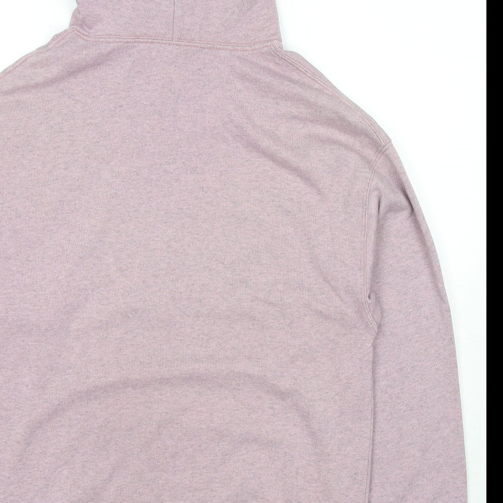 Brand and care label for BDG men’s purple cotton pullover hoodie, size XS