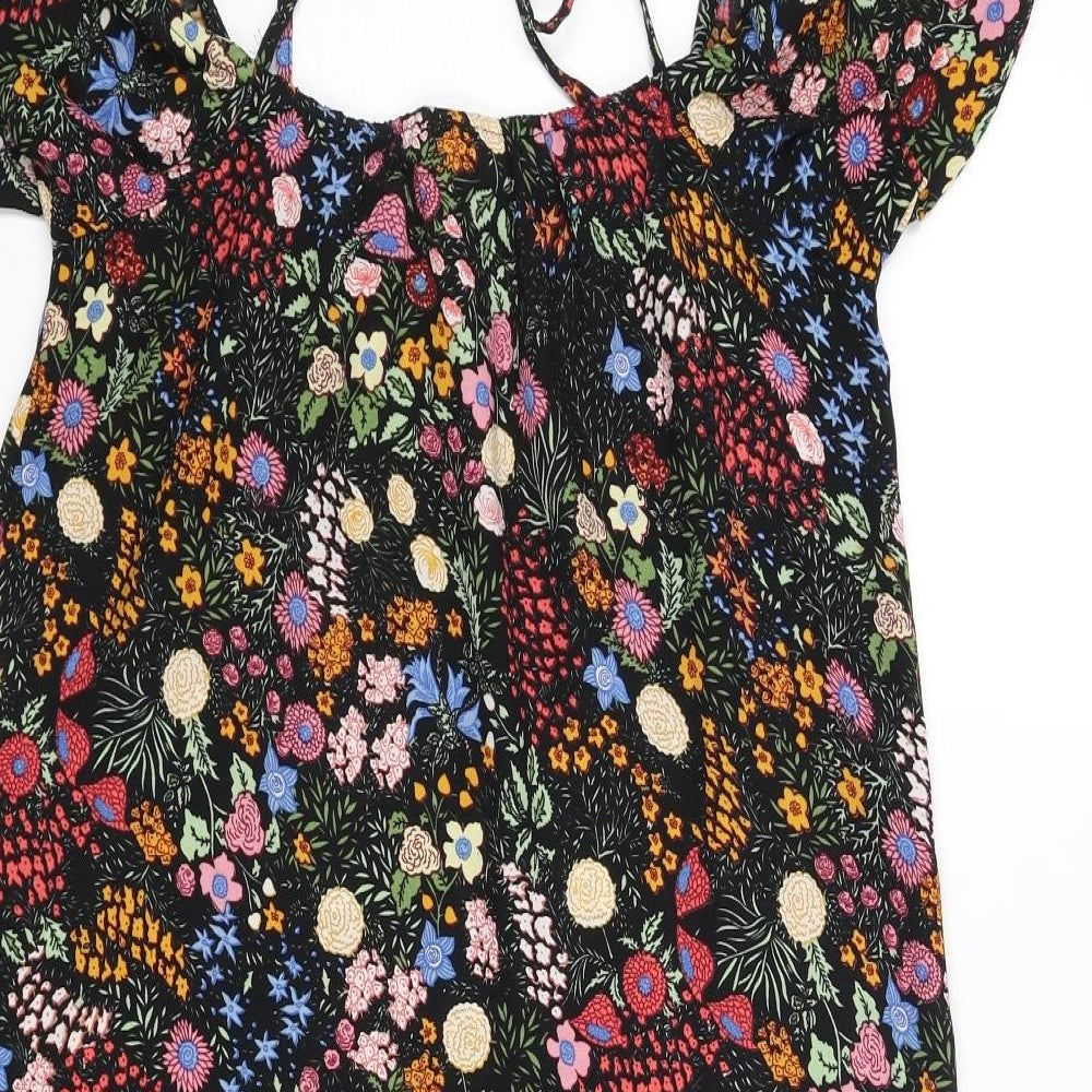 Brand and care label for Only women’s multicoloured floral polyester shift, size UK 8, square neck tie - cold shoulder