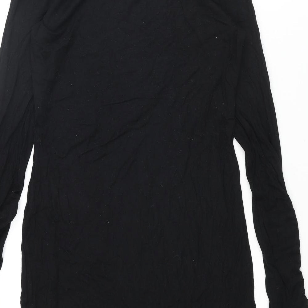 Brand and care label for Miss Selfridge women’s black viscose shift, size UK 10, round neck pullover - rouched sleeve