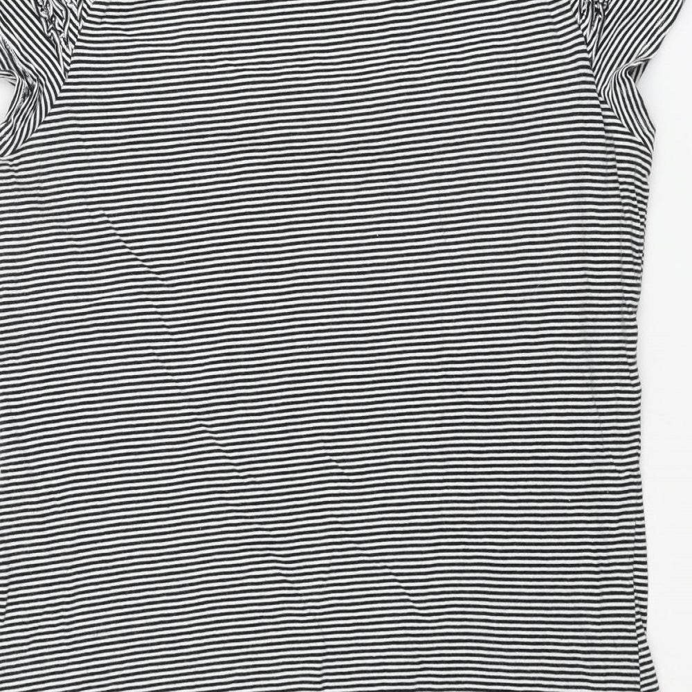 Marks and Spencer Womens Black Striped Cotton Basic Blouse Size 14 Round Neck - Frill