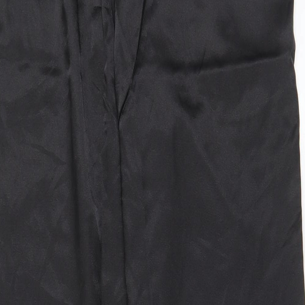 Brand and care label for ASOS women’s black polyester trousers, size L, 30-inch leg regular drawstring - elasticated waist