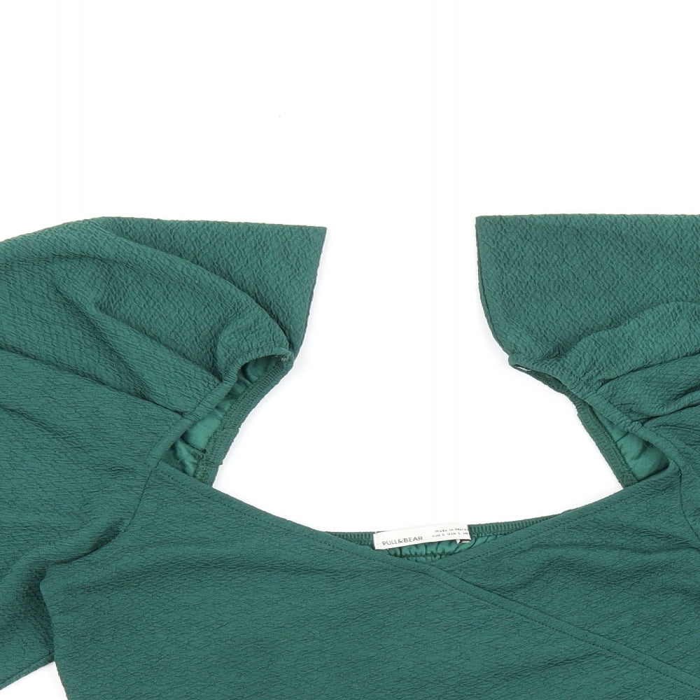 Pull&Bear Womens Green Polyester Cropped Blouse Size S Square Neck