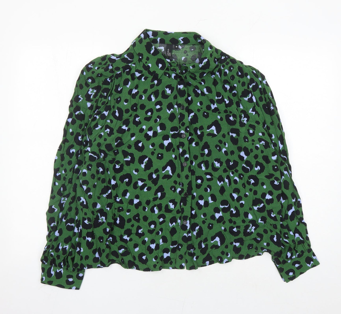 Nobody's Child Womens Green Animal Print Viscose Basic Button-Up Size 16 Collared - Leopard Pattern
