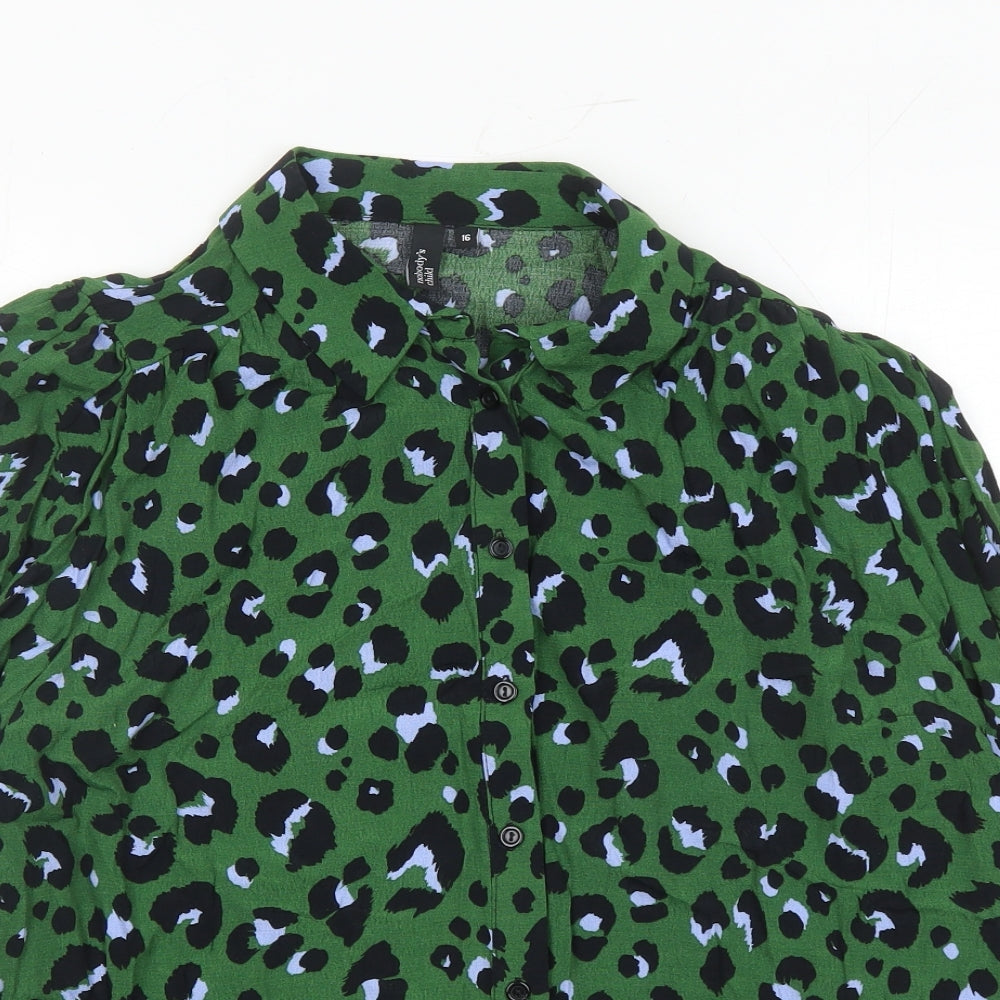 Nobody's Child Womens Green Animal Print Viscose Basic Button-Up Size 16 Collared - Leopard Pattern