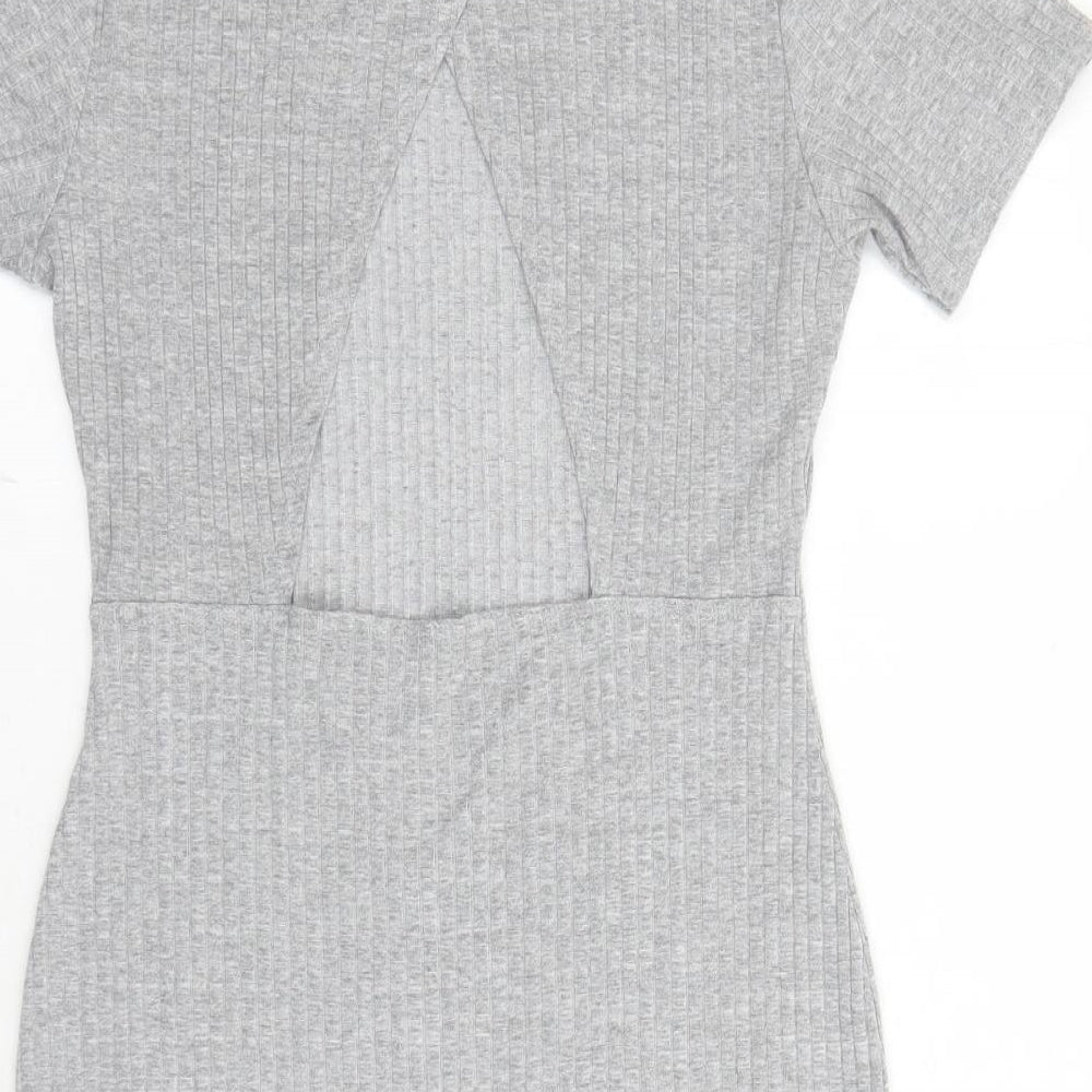 Brand and care label for Missguided women’s grey viscose bodycon, size UK 14, mock neck pullover - open back detail
