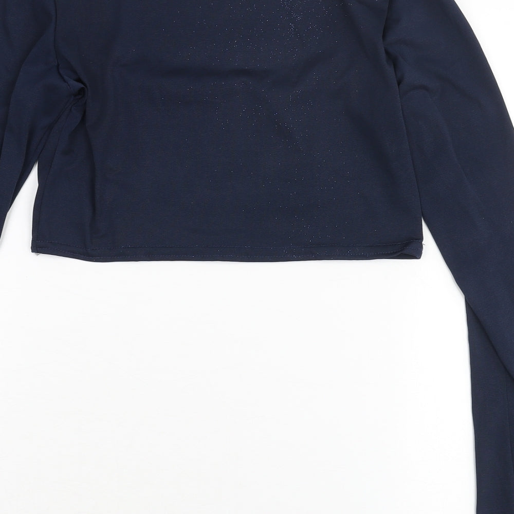 Brand and care label for I SAW IT FIRST women’s blue polyester cropped blouse, size UK 12, square neck - glitter