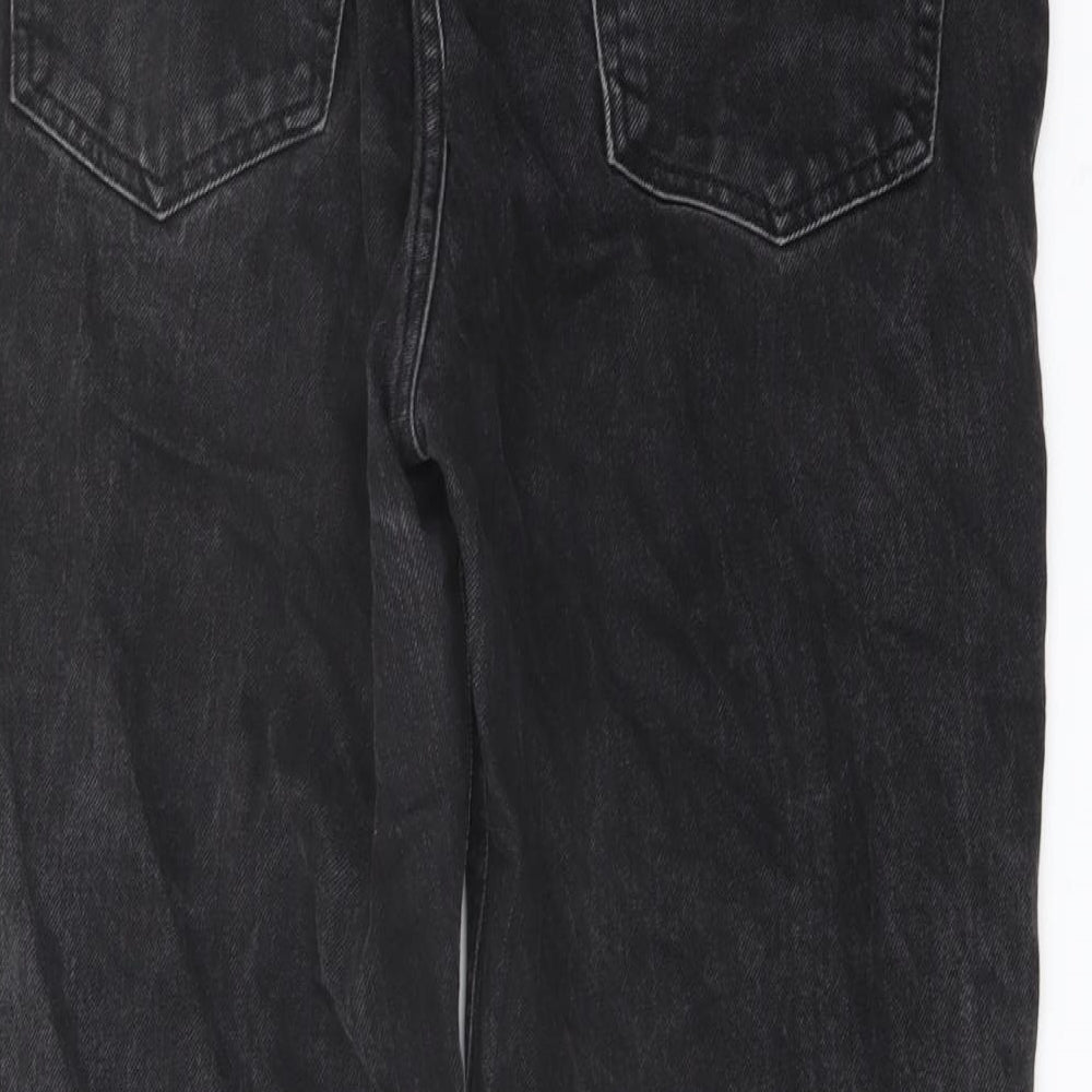 Brand and care label for ASOS men’s grey cotton straight jeans, size 32, in, 32-inch leg regular button