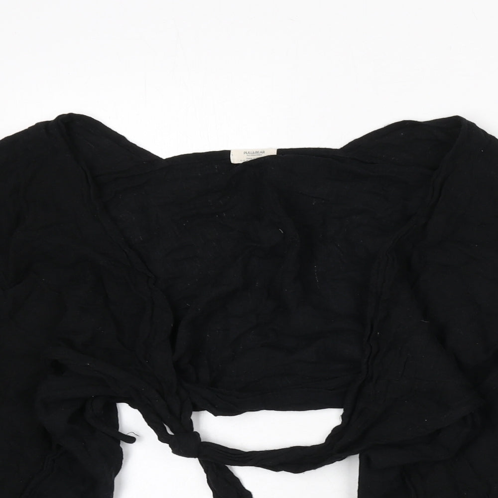 Pull&Bear Womens Black Polyester Wrap Blouse Size M V-Neck - Cropped