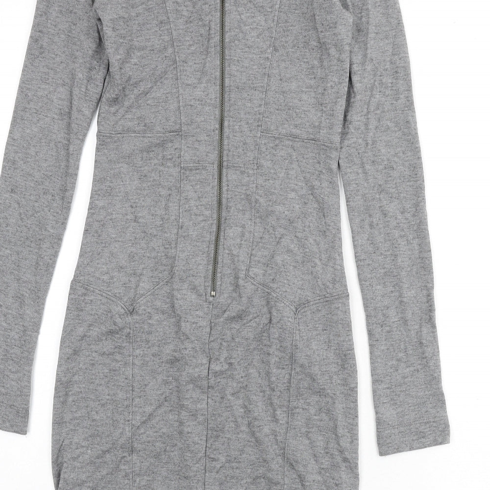 Brand and care label for French Connection women’s grey modal bodycon, size UK 12, round neck zip