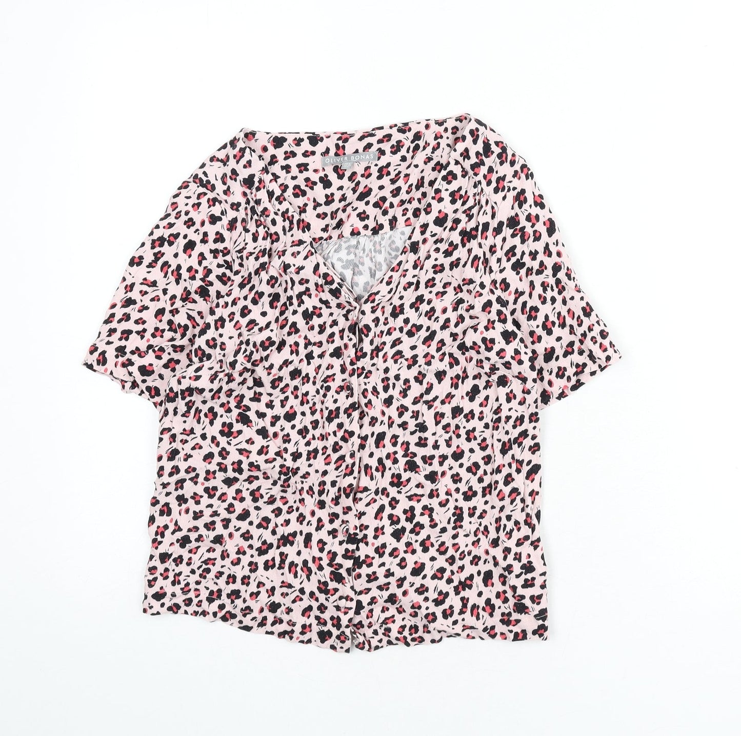 Oliver Bonas Womens Pink Animal Print Viscose Basic Button-Up Size 8 V-Neck - Leopard Print