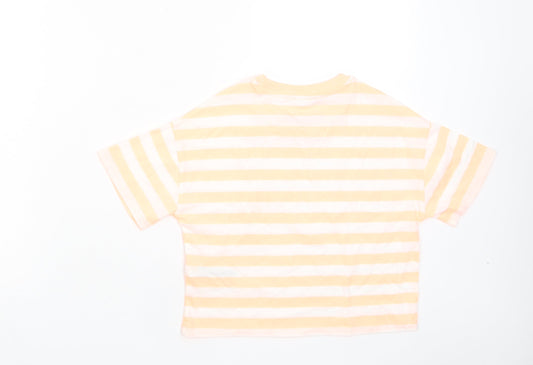 Marks and Spencer Boys Orange Striped Cotton Basic T-Shirt Size 7-8 Years Crew Neck Pullover